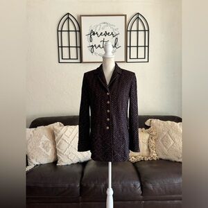 St. John Collection Brown & Blue Santana Knit Tweed Long Line Blazer Size US 4